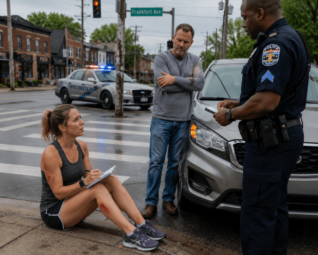 Injured pedestrian sitting on curb at an intersection crosswalk and giving statement after being struck by a vehicle in Louisville. Should she call a Louisville Pedestrian Accident Lawyer