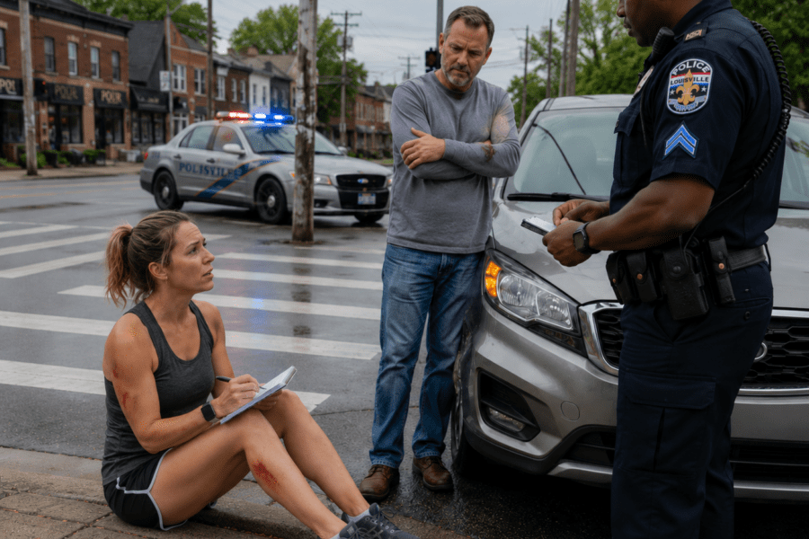 Injured pedestrian sitting on curb at an intersection crosswalk and giving statement after being struck by a vehicle in Louisville. Should she call a Louisville Pedestrian Accident Lawyer