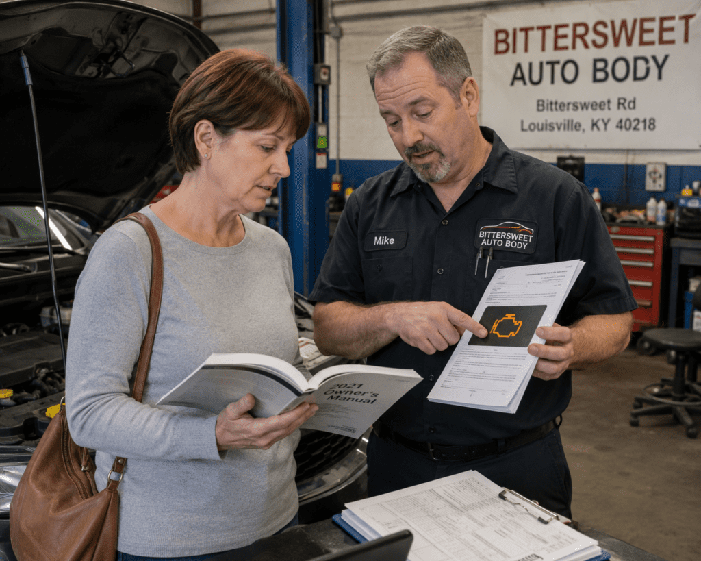 Driver reviewing owner manual, vehicle warning light, and maintenance paperwork before a Louisville Car Accident Lawyer can help
