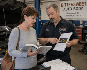 Driver reviewing owner manual, vehicle warning light, and maintenance paperwork before a Louisville Car Accident Lawyer can help