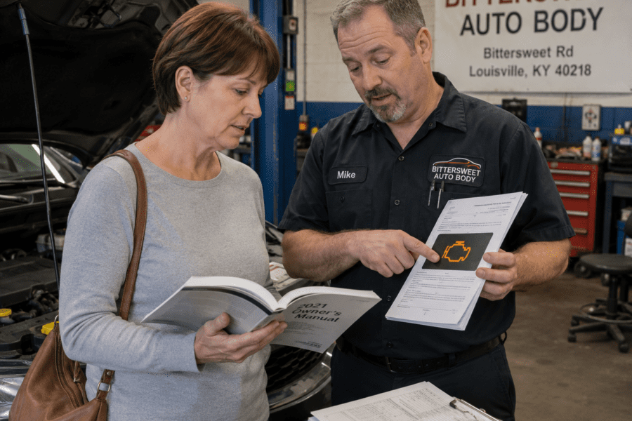 Driver reviewing owner manual, vehicle warning light, and maintenance paperwork before a Louisville Car Accident Lawyer can help