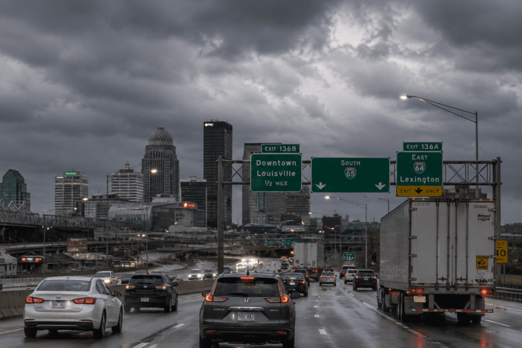 Traffic moving through a Louisville highway corridor with cars and commercial trucks in overcast conditions