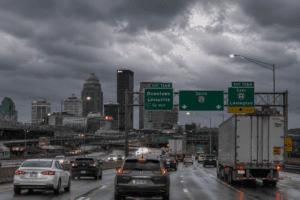 Traffic moving through a Louisville highway corridor with cars and commercial trucks in overcast conditions