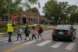 School-zone crosswalk with children and crossing guard walking in a Louisville neighborhood