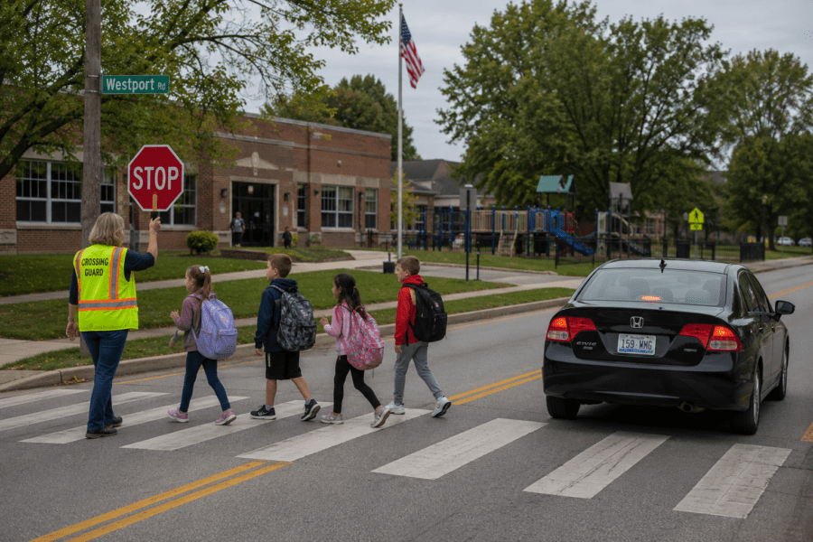 School-zone crosswalk with children and crossing guard walking in a Louisville neighborhood