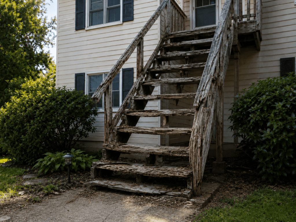 Residential walkway and stairs with common trip and fall hazards visible in a home setting