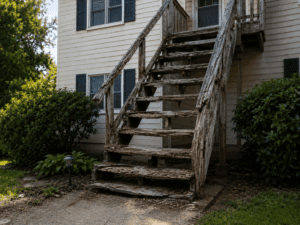 Residential walkway and stairs with common trip and fall hazards visible in a home setting