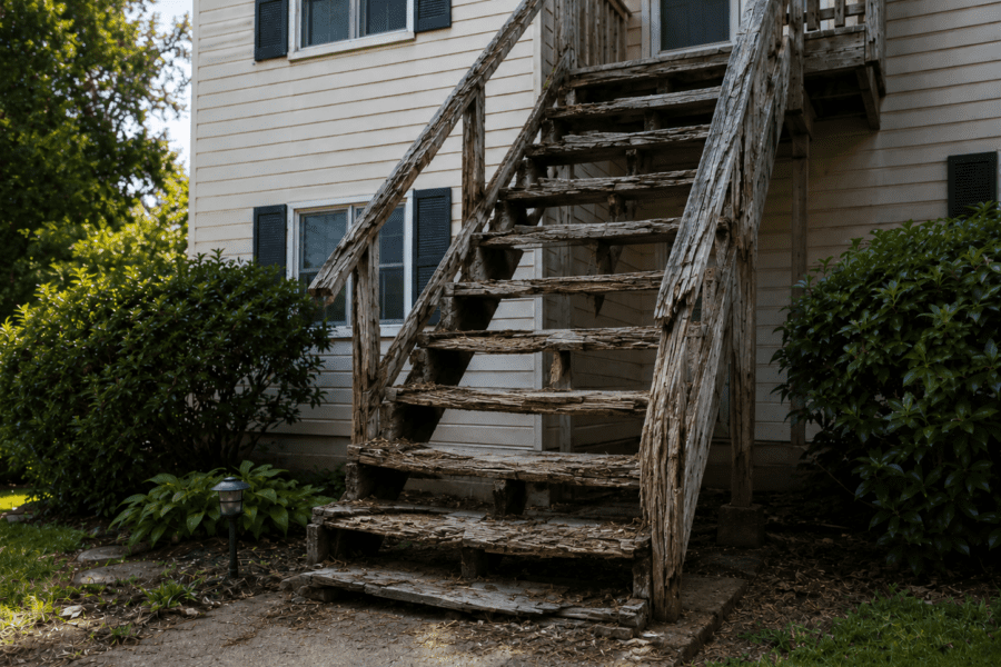 Residential walkway and stairs with common trip and fall hazards visible in a home setting - Louisville Slip and Fall Lawyer