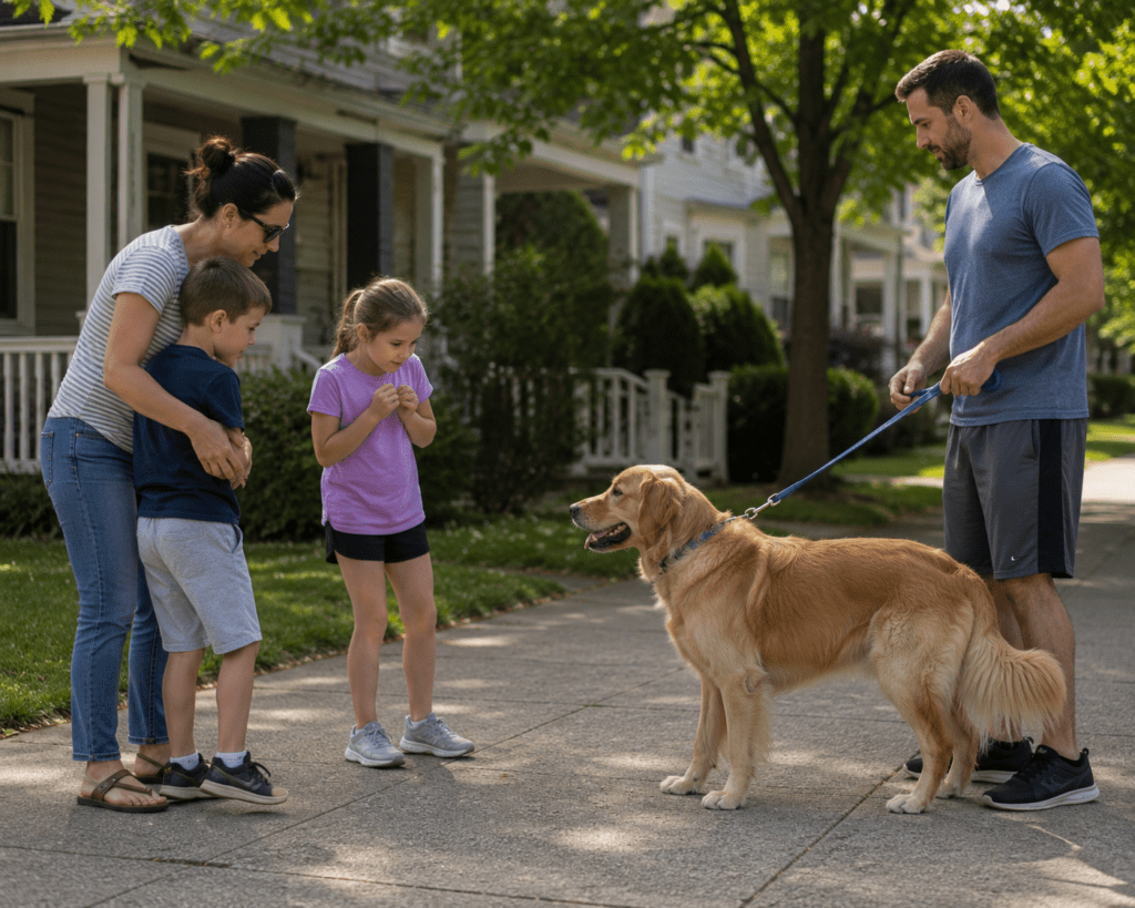 Family interacting cautiously with a leashed dog in a calm outdoor residential setting