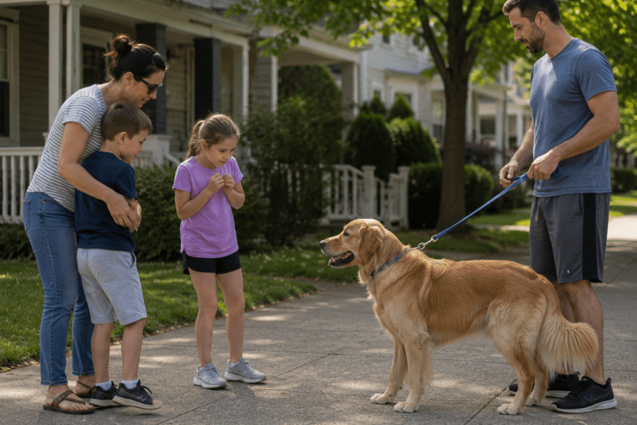 Louisville Dog Bite Lawyer Shares: Family interacting cautiously with a leashed dog in a calm outdoor residential setting