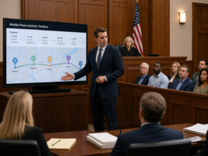 Louisville Car Accident Lawyer reviewing cell phone tower records and mobile phone activity timeline to a jury in a distracted driving case