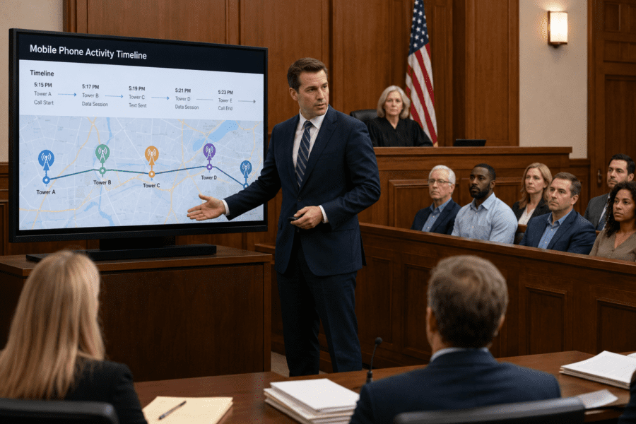 Louisville Car Accident Lawyer reviewing cell phone tower records and mobile phone activity timeline to a jury in a distracted driving case