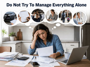 Louisville Personal Injury Lawyer; Car accident victim with unsigned insurance paperwork and medical records on a desk trying to Manage Everything Alone