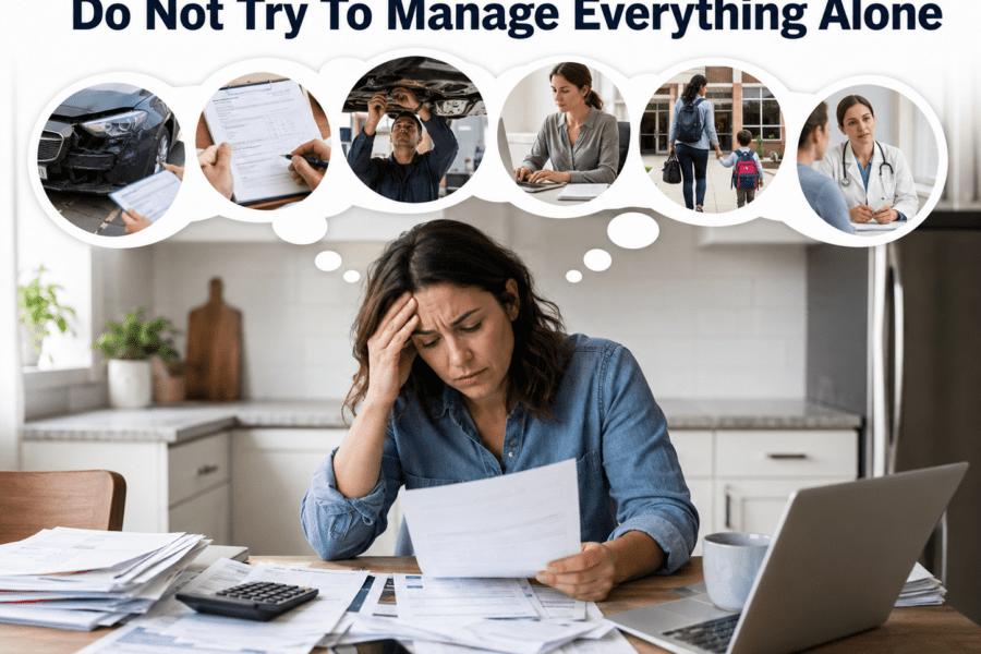 Louisville Personal Injury Lawyer; Car accident victim with unsigned insurance paperwork and medical records on a desk trying to Manage Everything Alone