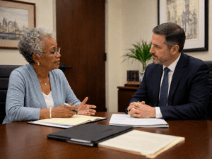 Louisville personal injury Lawyer; Injury client consulting with a Louisville personal injury lawyer about whether to pursue a claim
