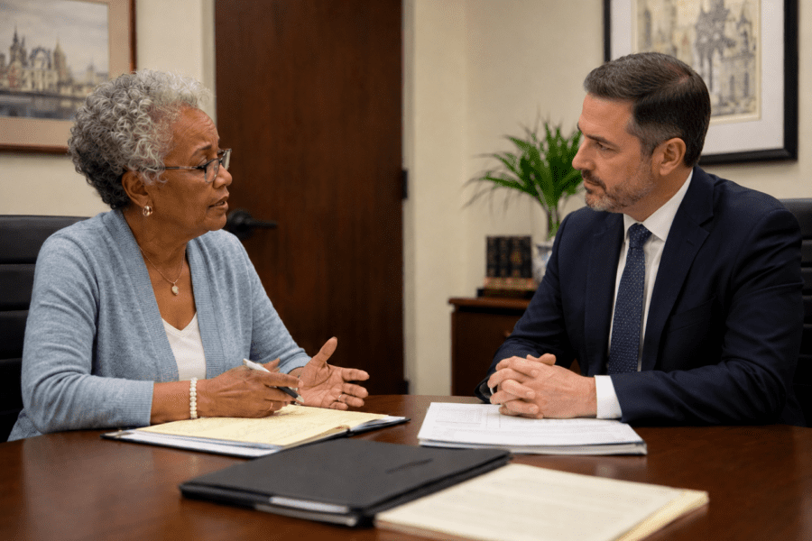 Louisville personal injury Lawyer; Injury client consulting with a Louisville personal injury lawyer about whether to pursue a claim