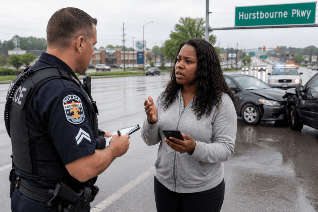Louisville car accident lawyer; Car accident witness speaking with police and documenting a crash scene in Louisville