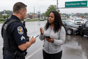 Louisville car accident lawyer; Car accident witness speaking with police and documenting a crash scene in Louisville