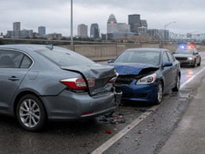 Louisville rear-end crash scene with damaged vehicles and police response on a Kentucky roadway