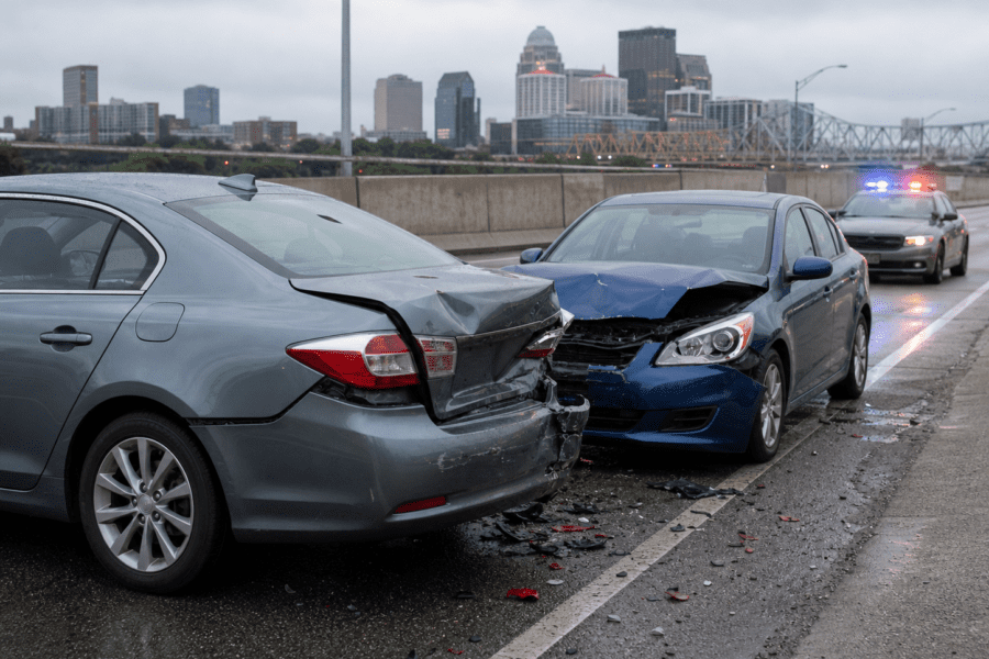 Louisville rear-end crash scene with damaged vehicles and police response on a Kentucky roadway