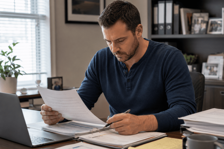 injury client reviewing trucking company safety records and CSA-related documents after a serious truck crash