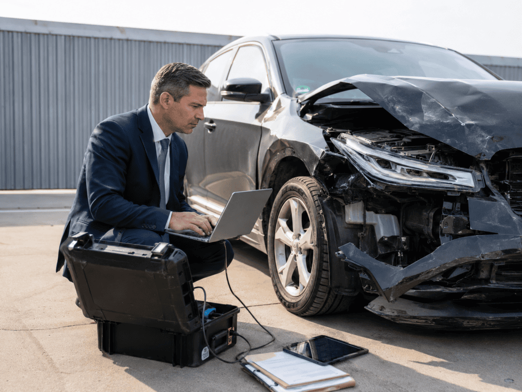Digital crash evidence and event data recorder information being reviewed for a Louisville, Kentucky car crash case