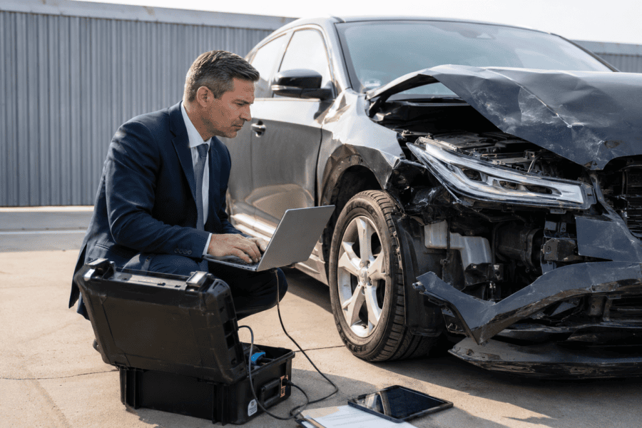 Digital crash evidence and event data recorder information being reviewed for a Louisville, Kentucky car crash case
